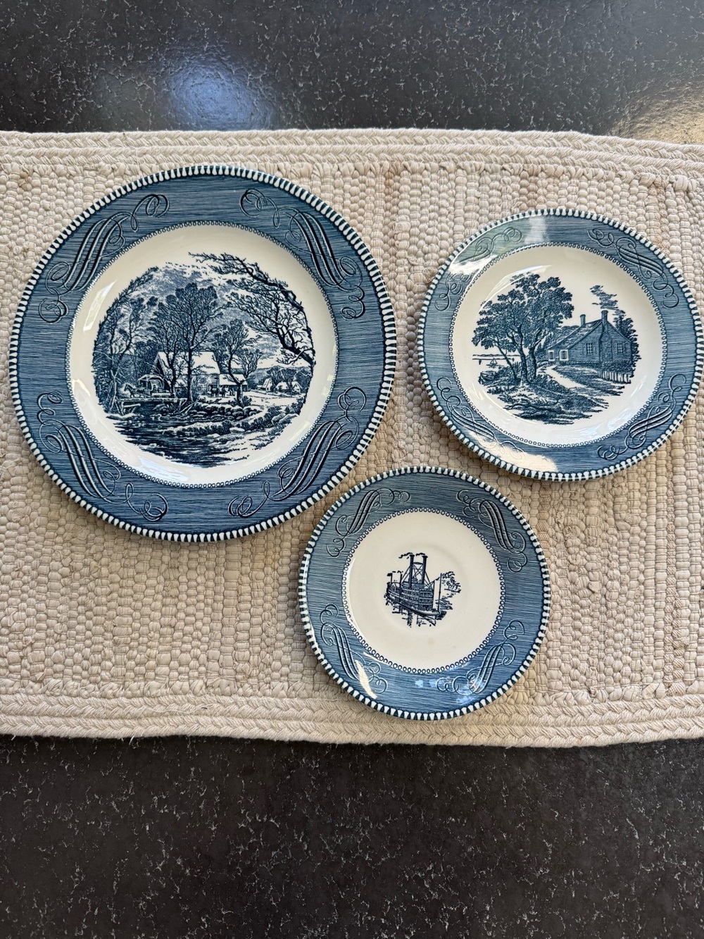 Vintage Currier & Ives By Royal China Set of 3 Blue Scenic Transferware Plates